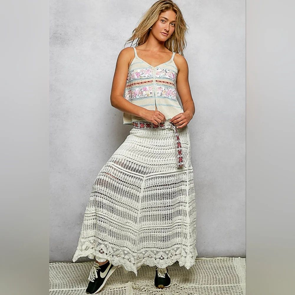 POL Openwork Boho Crochet Knit Scallop Maxi Skirt Butterfly Embroidered Belt - Picture 8 of 16